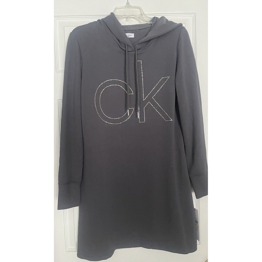CALVIN KLEIN Womens Medium Long Sleve Hooded Dress CK Bling Logo Gray Rhinestone